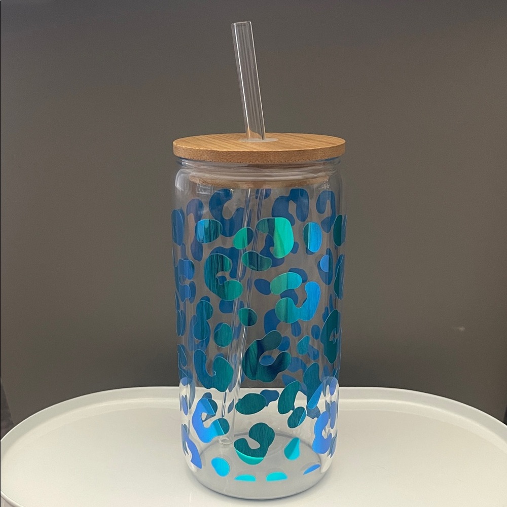 Blue Leopard Print Glass Tumbler with Bamboo Lid